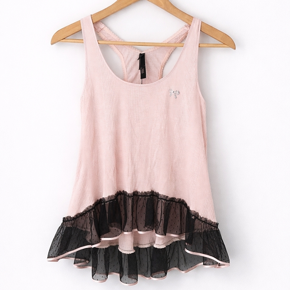 Victoria’s Secret Pink Ribbed Babydoll Camisole Black Lace Trim Small
